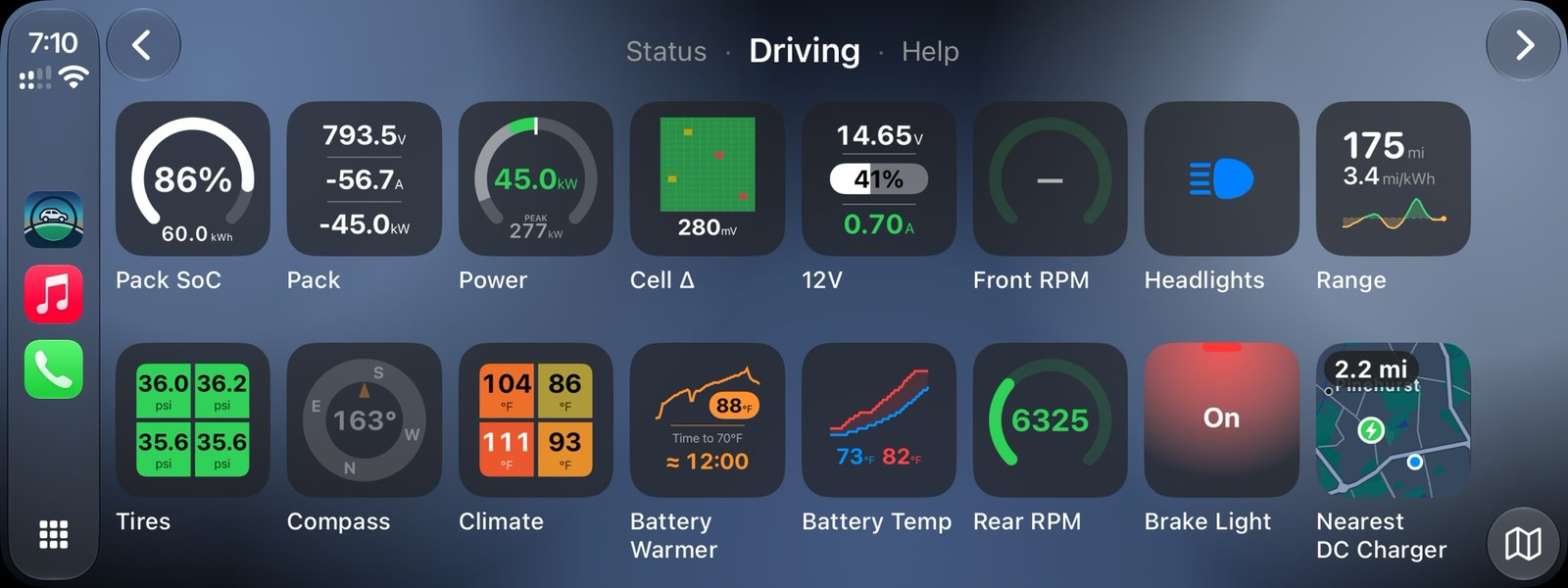 EV Dashboard running in Apple CarPlay with live telemetry chips